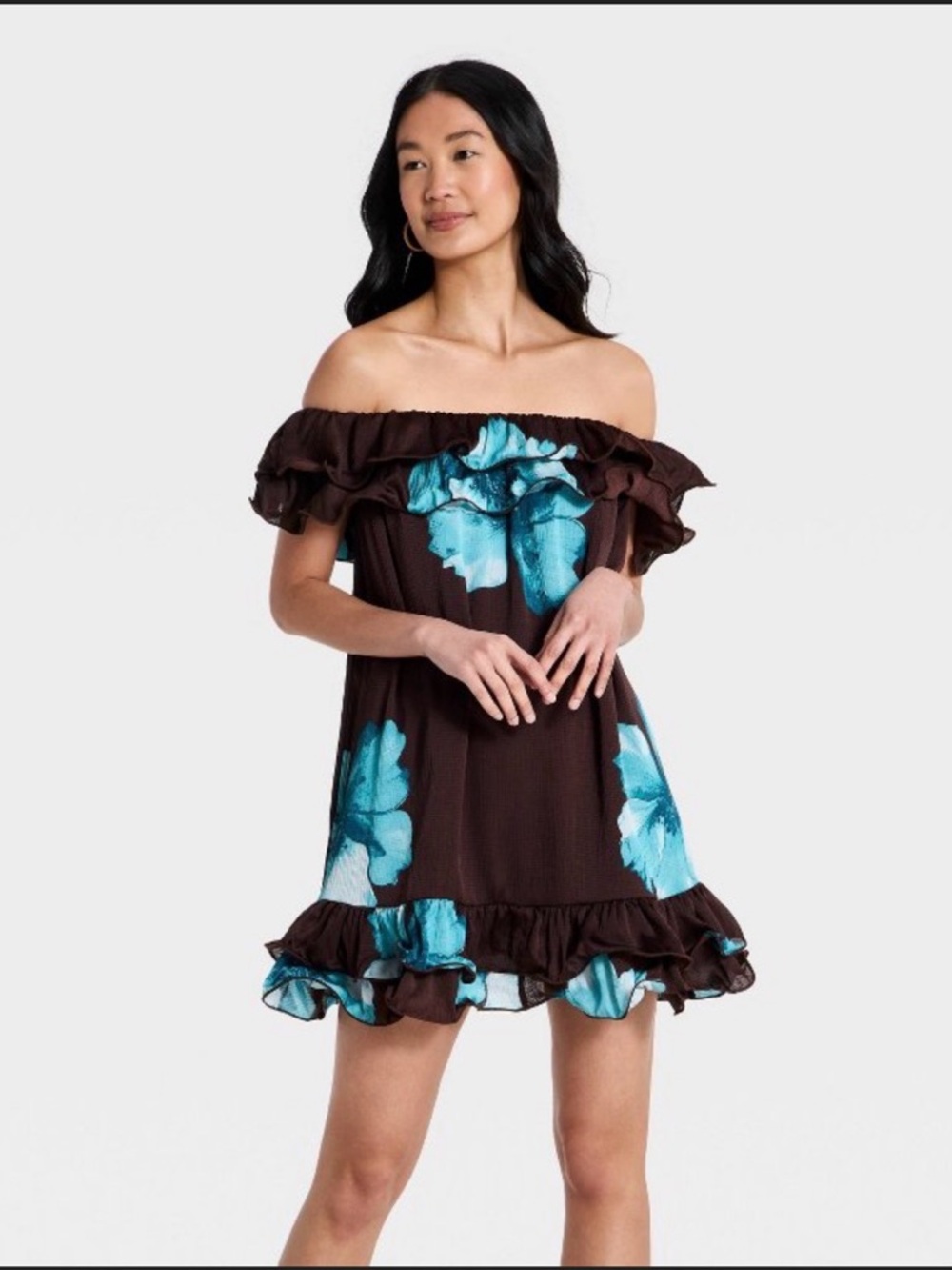 a new day Brown One-Shoulder Mini Dress with Blue Floral Print